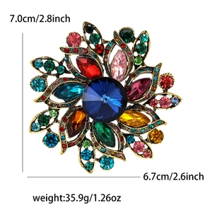 Vintage bronze flower brooch with blue crystal and colorful rhinestones for women