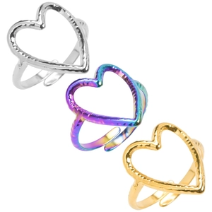 Heart Shaped Open Ring Stainless Steel Adjustable Hammered Texture Vintage Jewelry For Women Men Gold Silver Rainbow