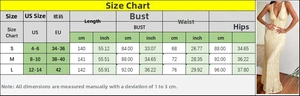 Detailed size chart for lace V-neck bodycon dress with US and EU measurements in cm and inches