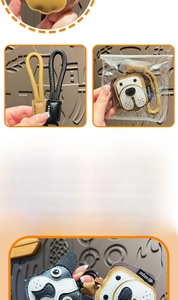 Detailed close-up of handmade leather bulldog keychain with woven strap and PU material