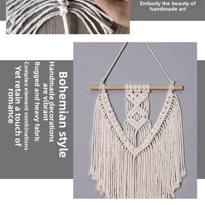 Detailed macro view of Bohemian handmade macrame wall hanging with intricate cotton weaving