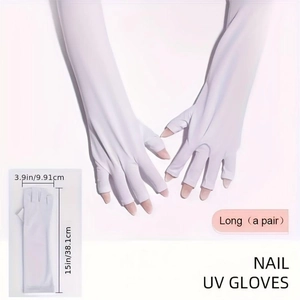 Detailed size chart showing long white UV protective gloves for nail lamp manicures