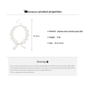 Detail showing stainless steel bow and pearl necklace measurements and product dimensions