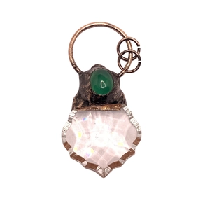 Vintage bronze maple leaf pendant with green agate and faceted iridescent crystal stone