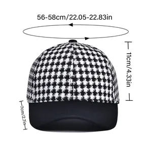 Size guide for houndstooth baseball cap showing brim and height in inches and centimeters