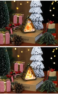 Close-up of vintage bronze Christmas lanterns with Santa Claus and Snowman LED patterns
