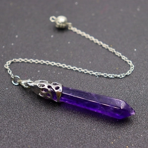 Natural amethyst hexagonal pendulum with silver hollow metal fitting and chain