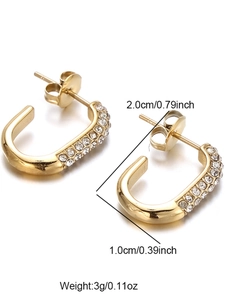 Detailed view of gold C-shaped earrings with rhinestones measuring 2.0cm by 1.0cm