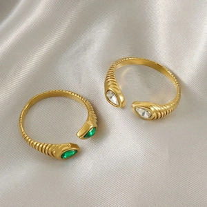 Retro snake-textured rings with teardrop zircon stones in 18K gold-plated stainless steel