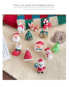 Close-up of assorted Christmas resin cabochons with glitter finish on knit fabric