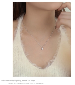 Close-up of elegant S925 silver necklace with star zircon pendant on female model