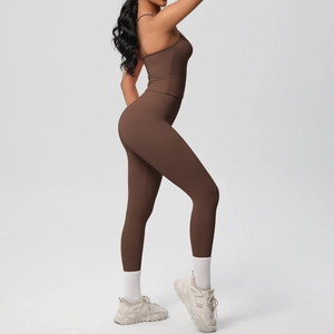 Dark brown high-waist yoga set with slim tank top and leggings for fitness workout