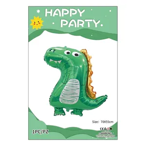 Cartoon green dinosaur foil balloon for birthday party decorations with gold serrated spine