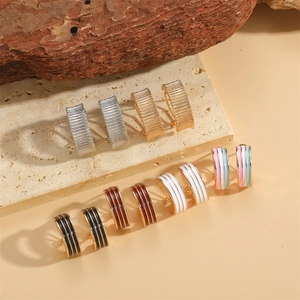 Vintage French Striped Enamel Hoop Earrings Copper 14K Gold Plated C-Shaped Stud Earrings For Women Retro Fashion Jewelry