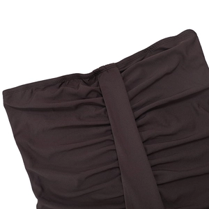 Detail showing the ruched design and vertical pleats of the brown bodycon tube dress