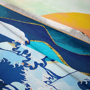 Detail of soft fabric tapestry showing Great Wave off Kanagawa style ocean wave textures