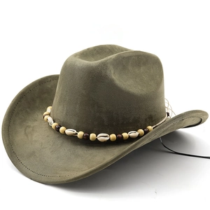 Chapeau de cowboy western vert olive en suédine avec ruban de perles et coquillages