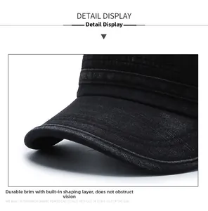 Macro view of a black flat-top hat brim featuring parallel reinforced stitching lines