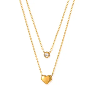 Double Layer Stainless Steel Heart Pendant Necklace For Women Fashion Gold Plated Zirconia Round Charm Clavicle Chain
