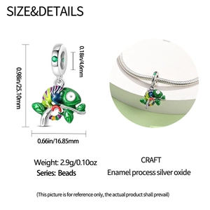 Luminous chameleon charm dimensions showing 25.1mm height with colorful enamel detail