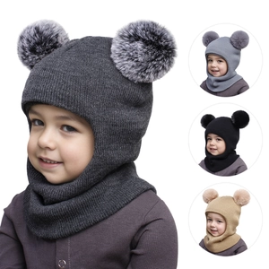 Winter knitted baby balaclava hat with dual faux fur pom-poms and ear protection