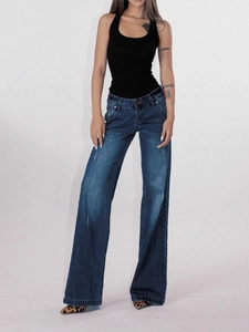 Women's vintage blue low-waist wide-leg denim jeans with a loose straight-cut fit