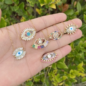 Evil Eye Pendant Necklace Gold Plated Copper With Colorful Cubic Zirconia Boho Trendy Unique Jewelry For Women