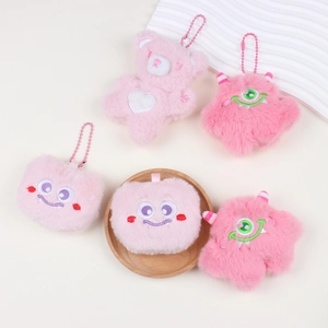 Cute pink plush bear and monster keychains with bead chains for bag decoration