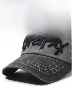 Detailed view of 3D Graphy embroidery and reinforced white stitching on a gray baseball cap