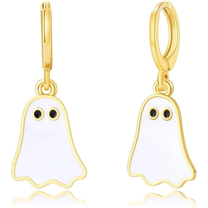 Pair of cute white ghost enamel earrings with gold hardware on a clean white background