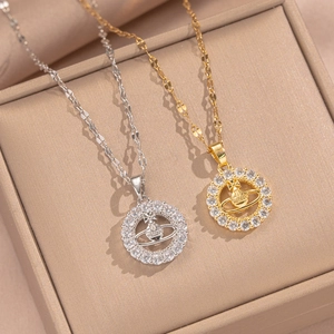 Saturn Planet Pendant Necklace Copper Gold Plated With Zircon Stainless Steel Chain Elegant Minimalist Jewelry For Women