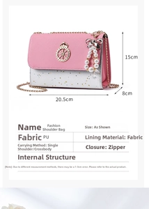 Detail of crossbody bag with pink flap, silver glitter, and pearl bow charm