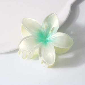 Pearlescent gradient plumeria hair claw clip with mint green and cream white petals