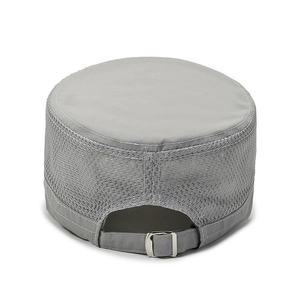 Men's light grey flat top military cap with breathable mesh and metal buckle