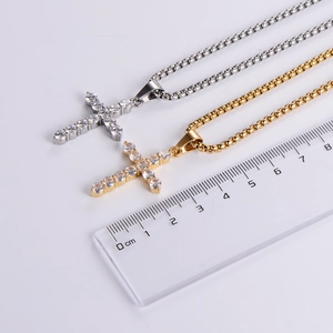 Gold and silver stainless steel cross necklaces with square zircon pendants and ruler scale