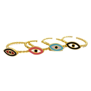 Golden beaded open rings with colorful evil eye enamel in red pink blue and black