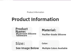 Detailed product information and size chart for mushroom silicone baby plate set