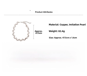 Close-up of silver-tone metal and pearl twisted necklace with detailed dimensions and specs