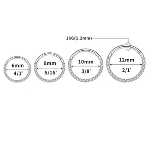 Guide des tailles pour anneaux de nez en titane G23 de 6mm à 12mm et épaisseur de 16G