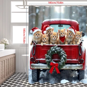 Detail of Christmas cat pattern on waterproof polyester shower curtain in 180x180cm size