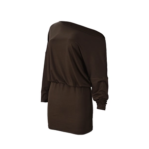 Detail of dark brown long-sleeve dress with asymmetric off-shoulder neck and elastic waist