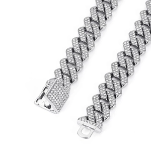 Detailed view of silver Cuban link necklace with micro-pave crystals and box clasp