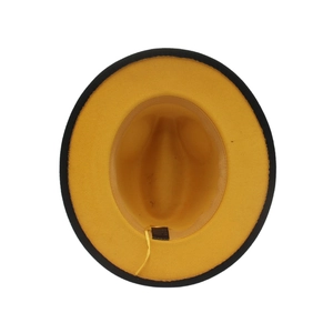 Detail view showing yellow inner lining and adjustable sweatband of the two-tone cowboy hat