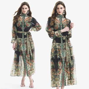 Vintage Paisley Print Maxi Dress Long Lantern Sleeve High Neck Belted Bohemian Style Fall Clothing For Women