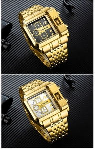 Detail view of Oulm gold square oversized men's watches with black and silver dials