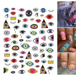 Evil eye nail art stickers set with colorful hand-drawn patterns for manicure decoration