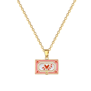 Gold titanium steel necklace with pink rectangular enamel pendant and red heart detail