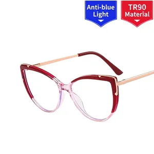 Fashionable red and gold cat eye TR90 glasses frames with anti-blue light lenses