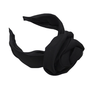 Elegant black satin wide headband with stylish 3D fabric rose flower decoration