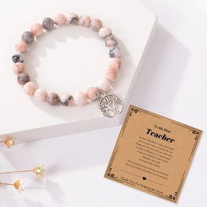Bracelet Arbre de Vie aux perles de marbre rose avec carte cadeau enseignant